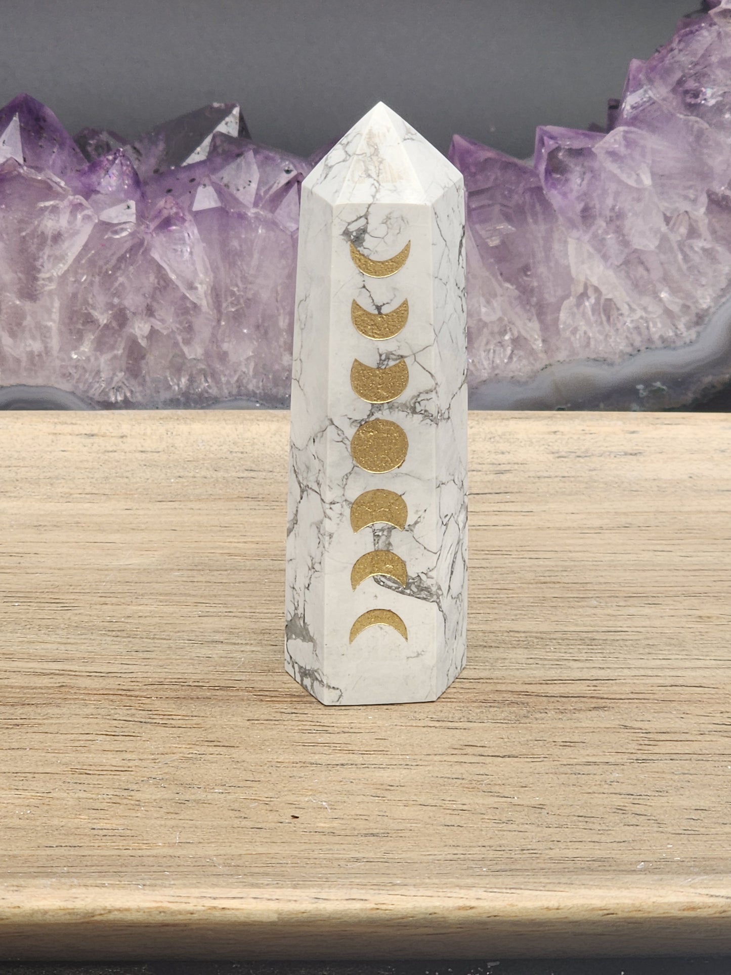 Howlite Tower with gold moon phases crystal