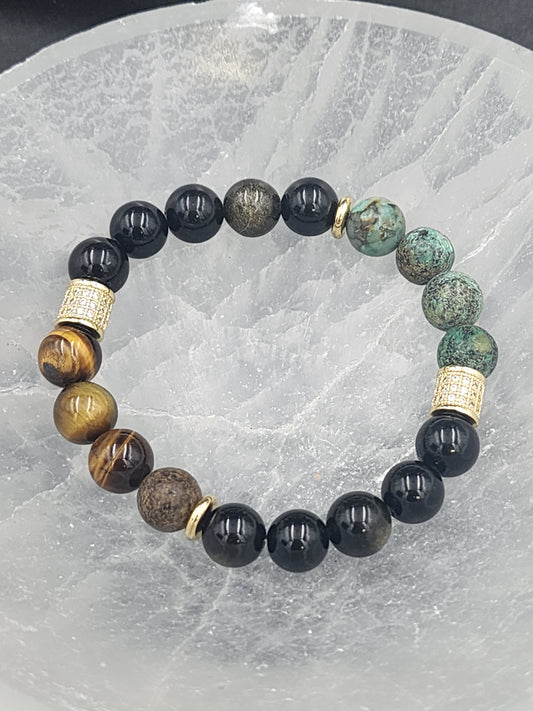 gold sheen obsidian, matte african turquoise, and tiger eye gemstone bracelet