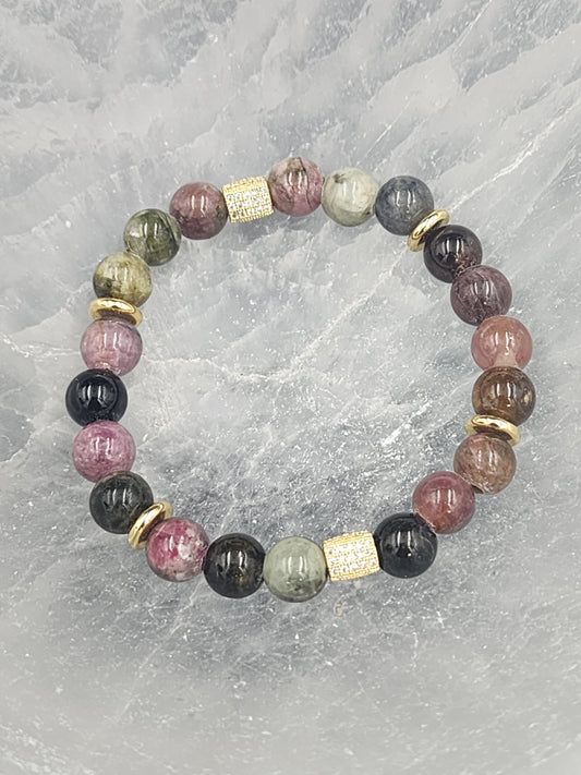 Rainbow tourmaline gemstone bracelet with gold plated cz accents