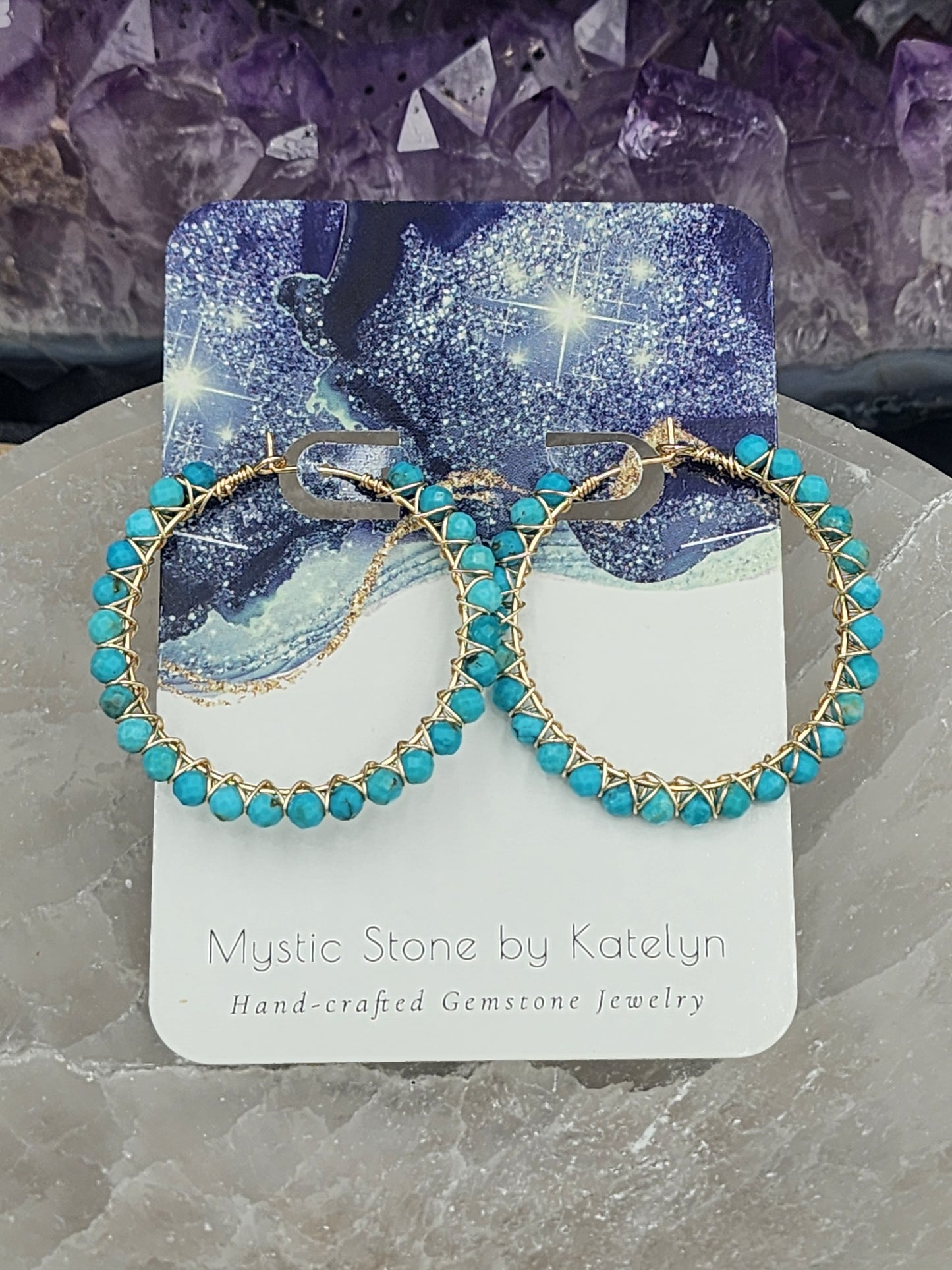 14k Gold-Filled Arizona Turquoise Gemstone Hoop Earrings,  3 Sizes available 30mm, 40mm or 50mm