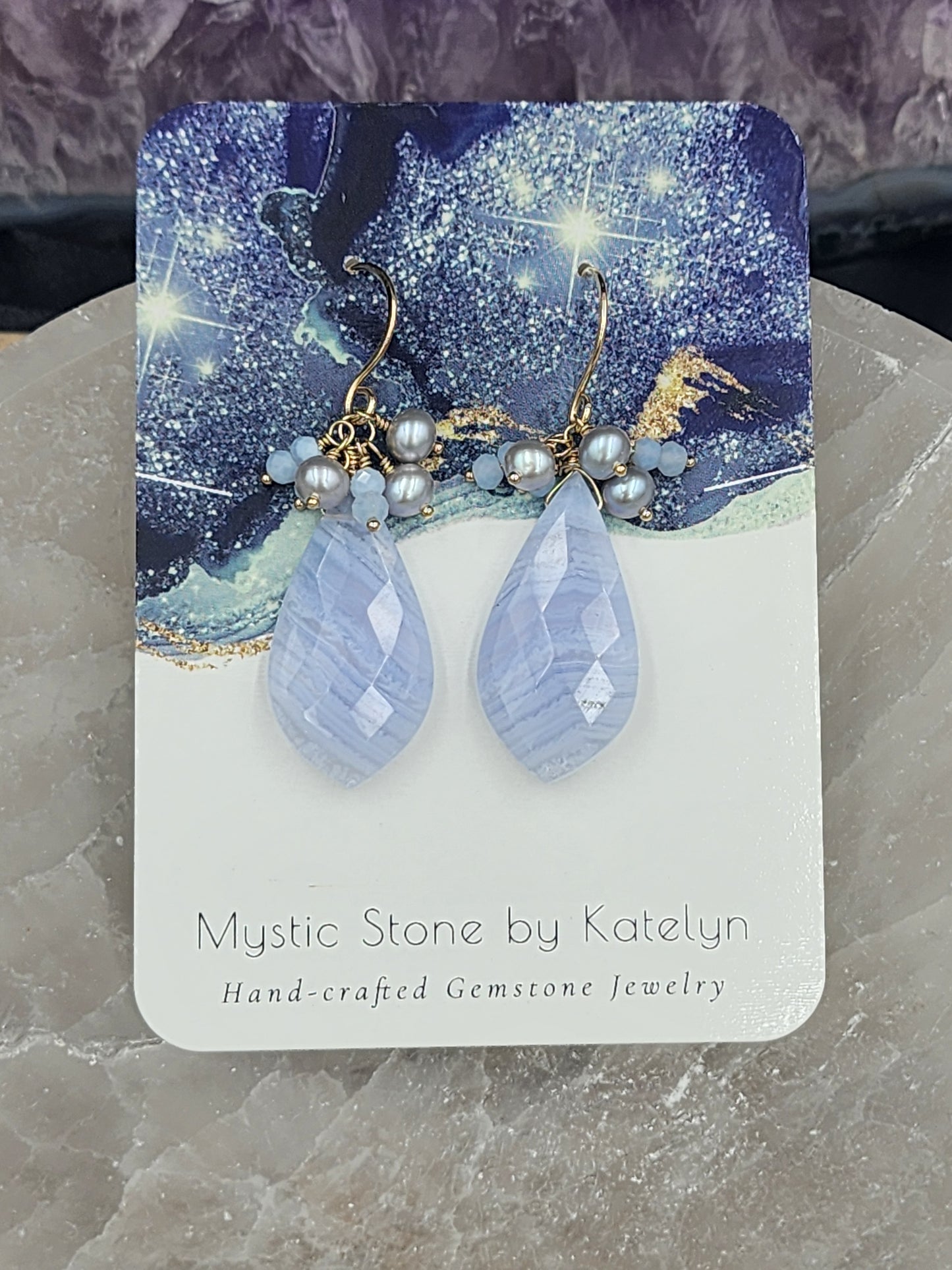 14k Gold-Filled Blue Lace Agate,  Silver Cultured Pearl & Blue Opal Gemstone Earrings