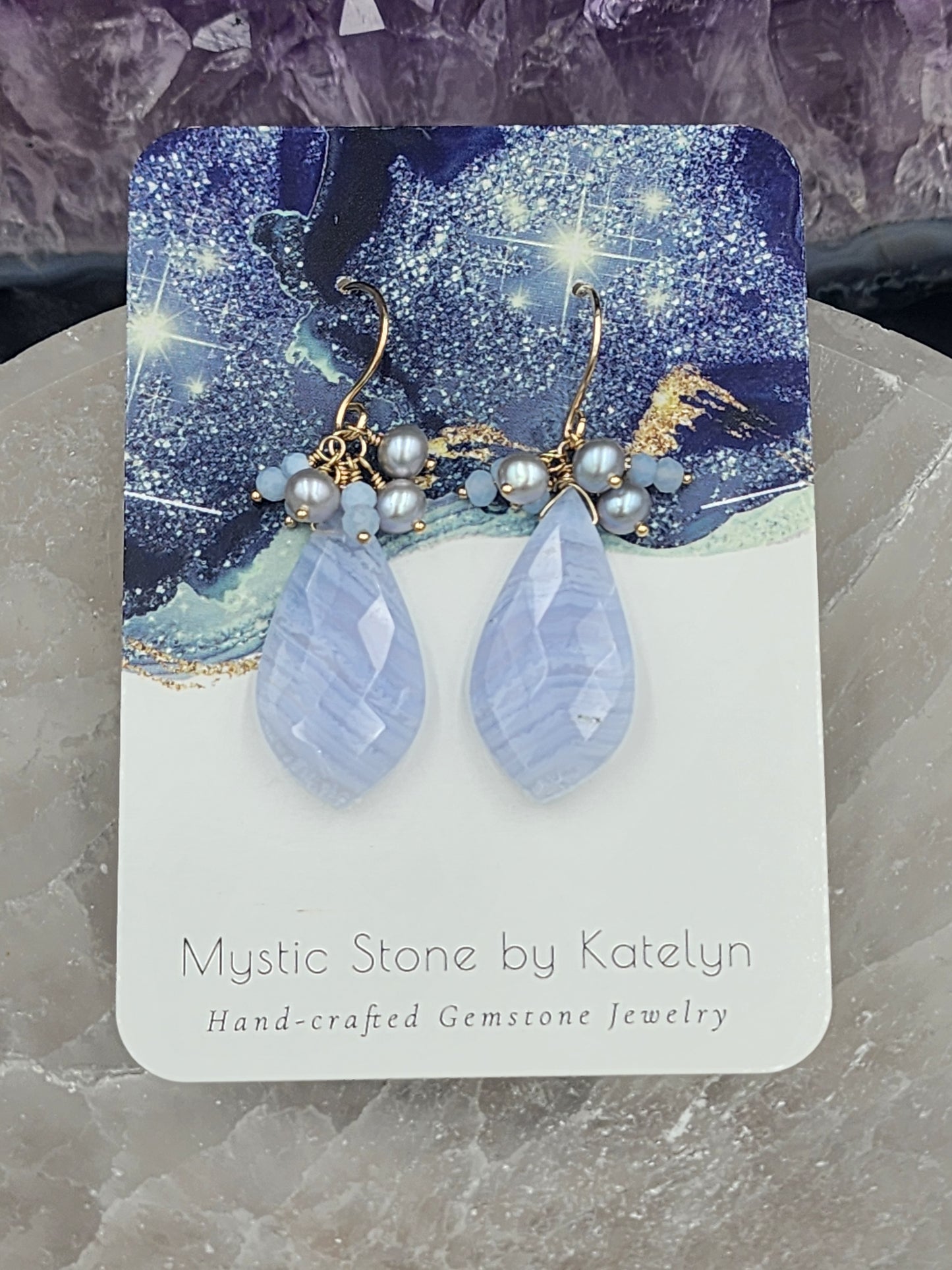 14k Gold-Filled Blue Lace Agate,  Silver Cultured Pearl & Blue Opal Gemstone Earrings