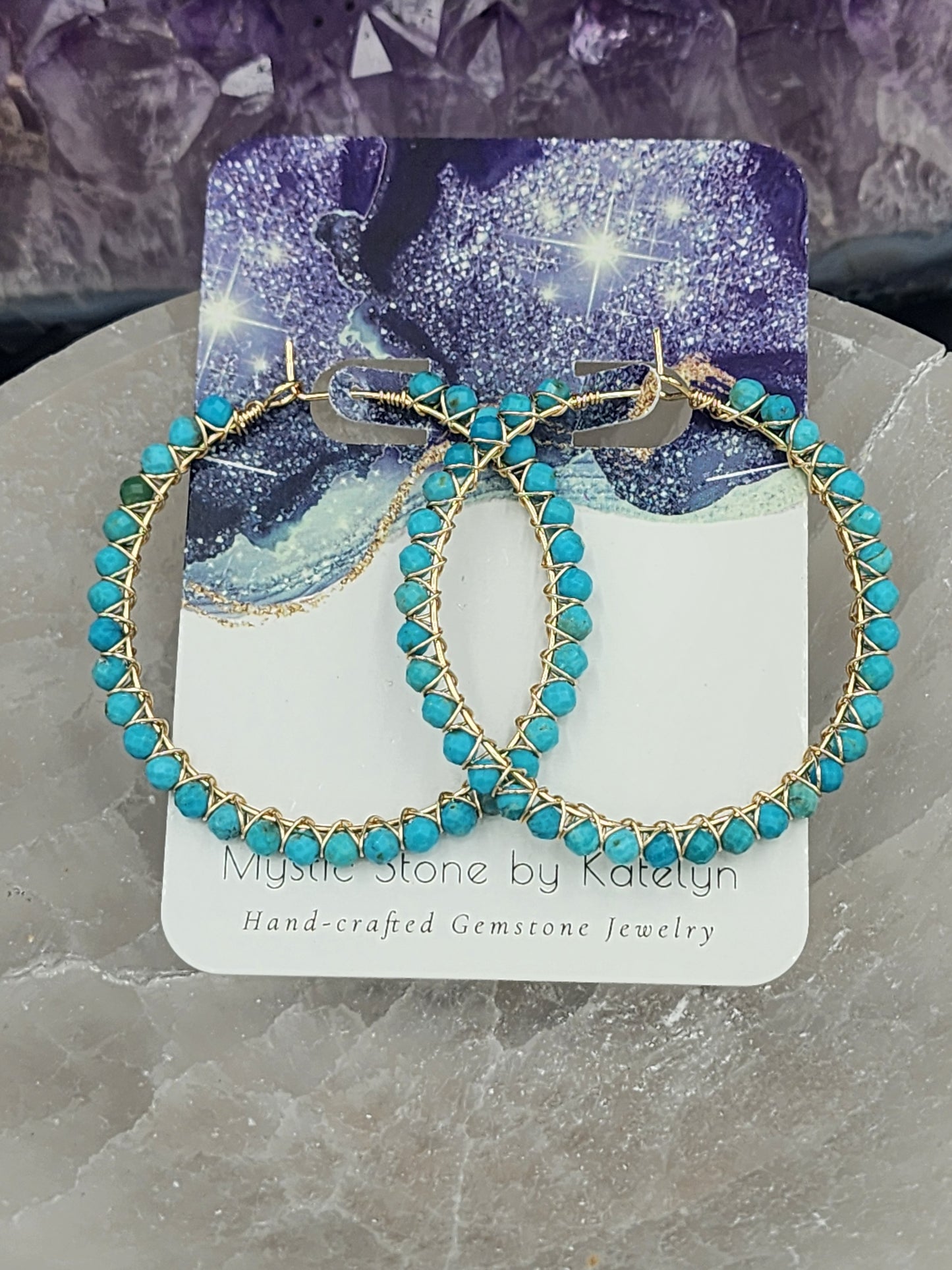 14k Gold-Filled Arizona Turquoise Gemstone Hoop Earrings,  3 Sizes available 30mm, 40mm or 50mm