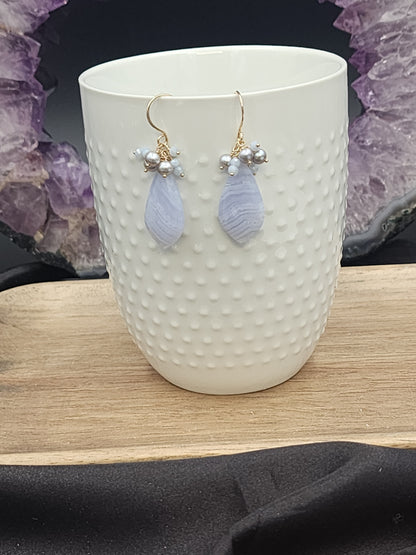 14k Gold-Filled Blue Lace Agate,  Silver Cultured Pearl & Blue Opal Gemstone Earrings