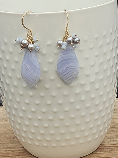 14k Gold-Filled Blue Lace Agate,  Silver Cultured Pearl & Blue Opal Gemstone Earrings