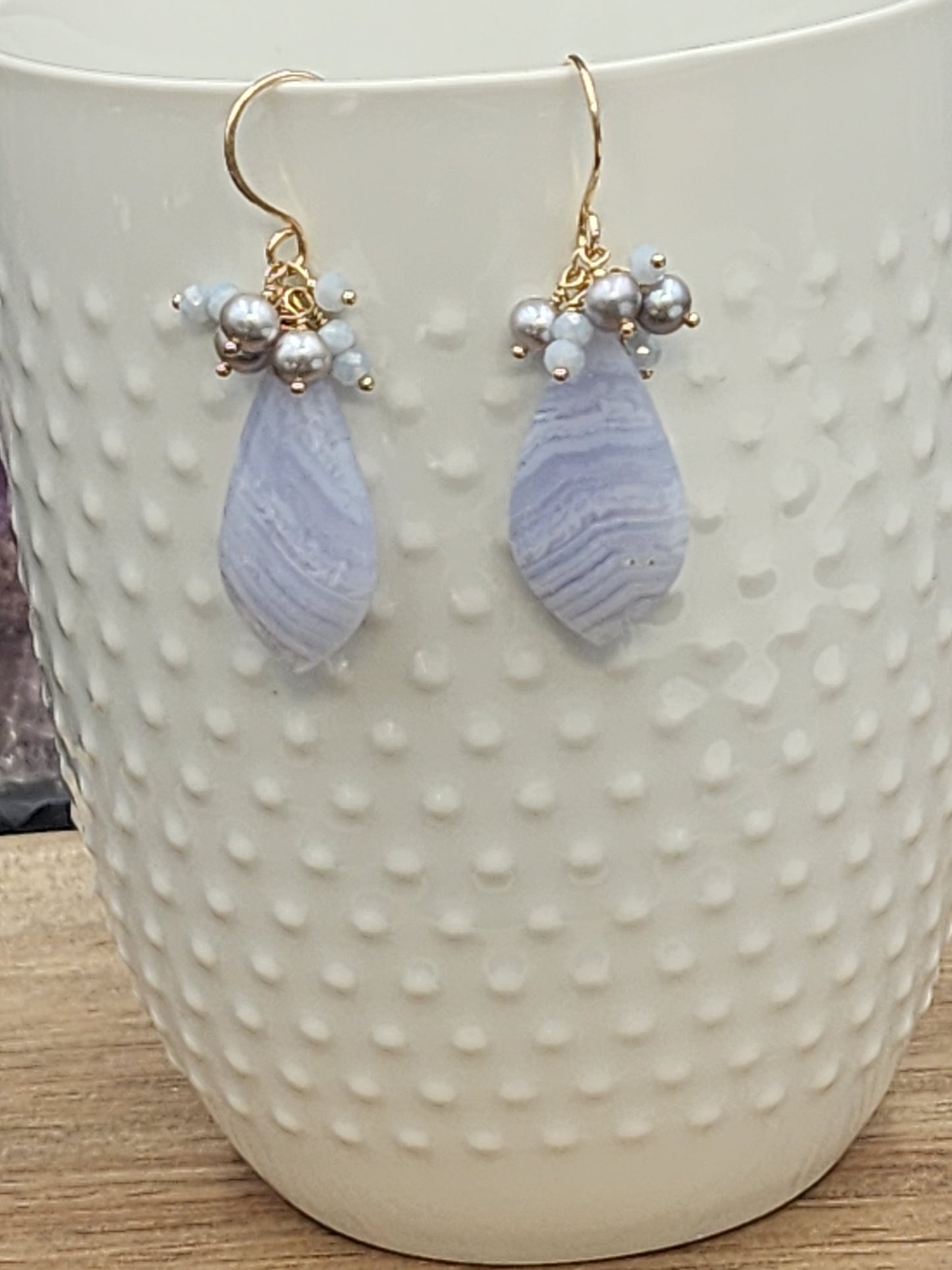 14k Gold-Filled Blue Lace Agate,  Silver Cultured Pearl & Blue Opal Gemstone Earrings