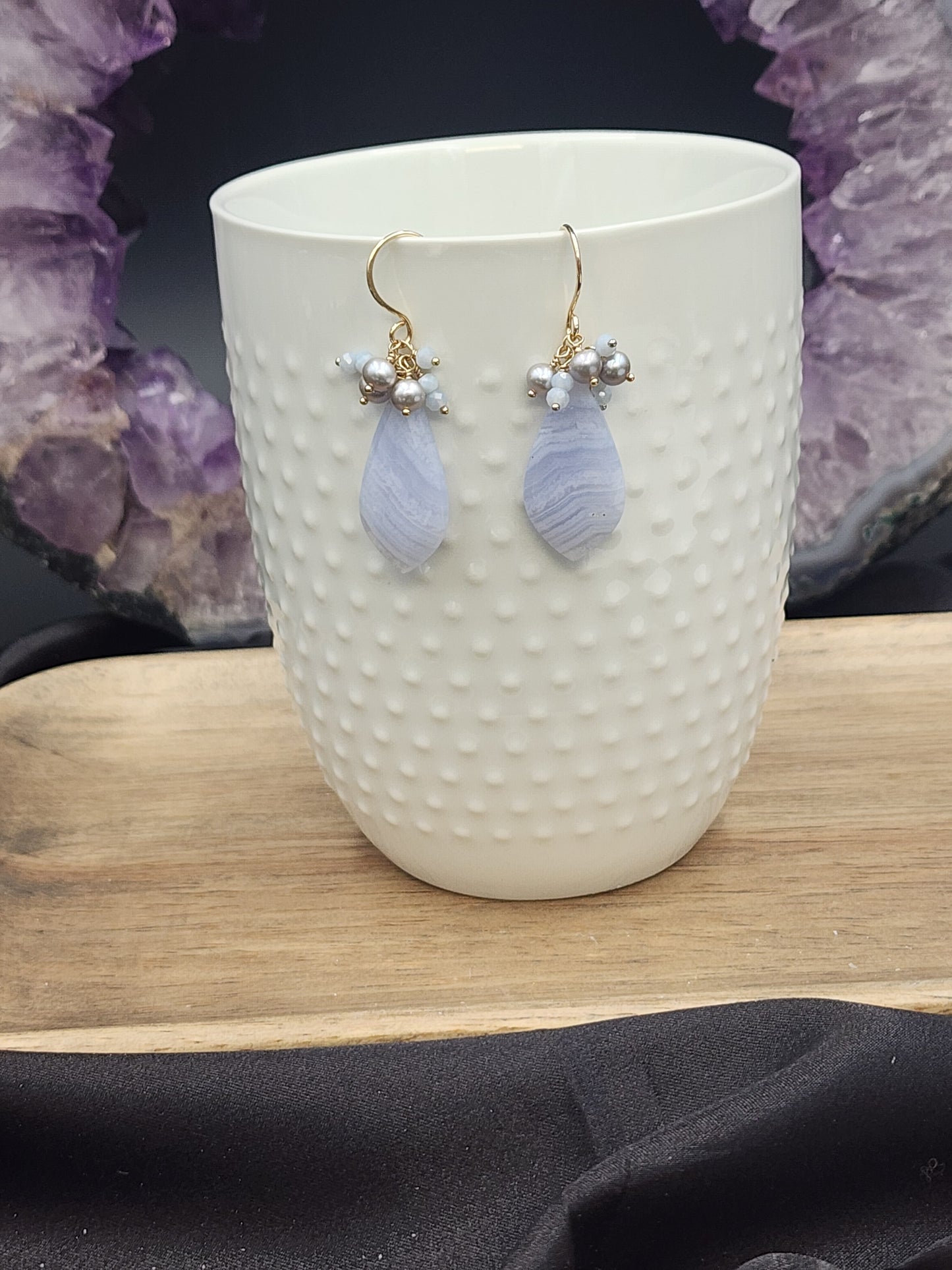 14k Gold-Filled Blue Lace Agate,  Silver Cultured Pearl & Blue Opal Gemstone Earrings