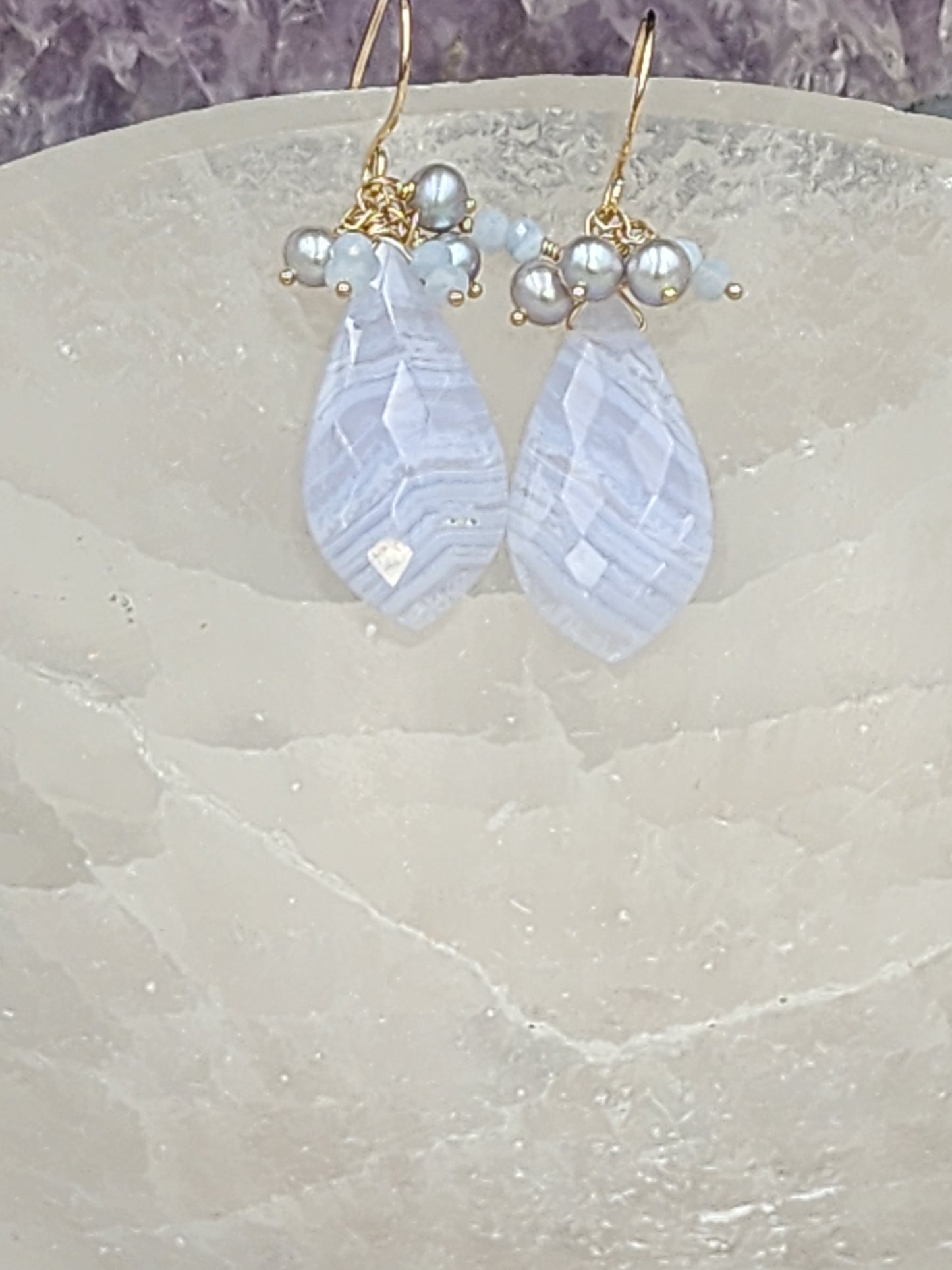 14k Gold-Filled Blue Lace Agate,  Silver Cultured Pearl & Blue Opal Gemstone Earrings