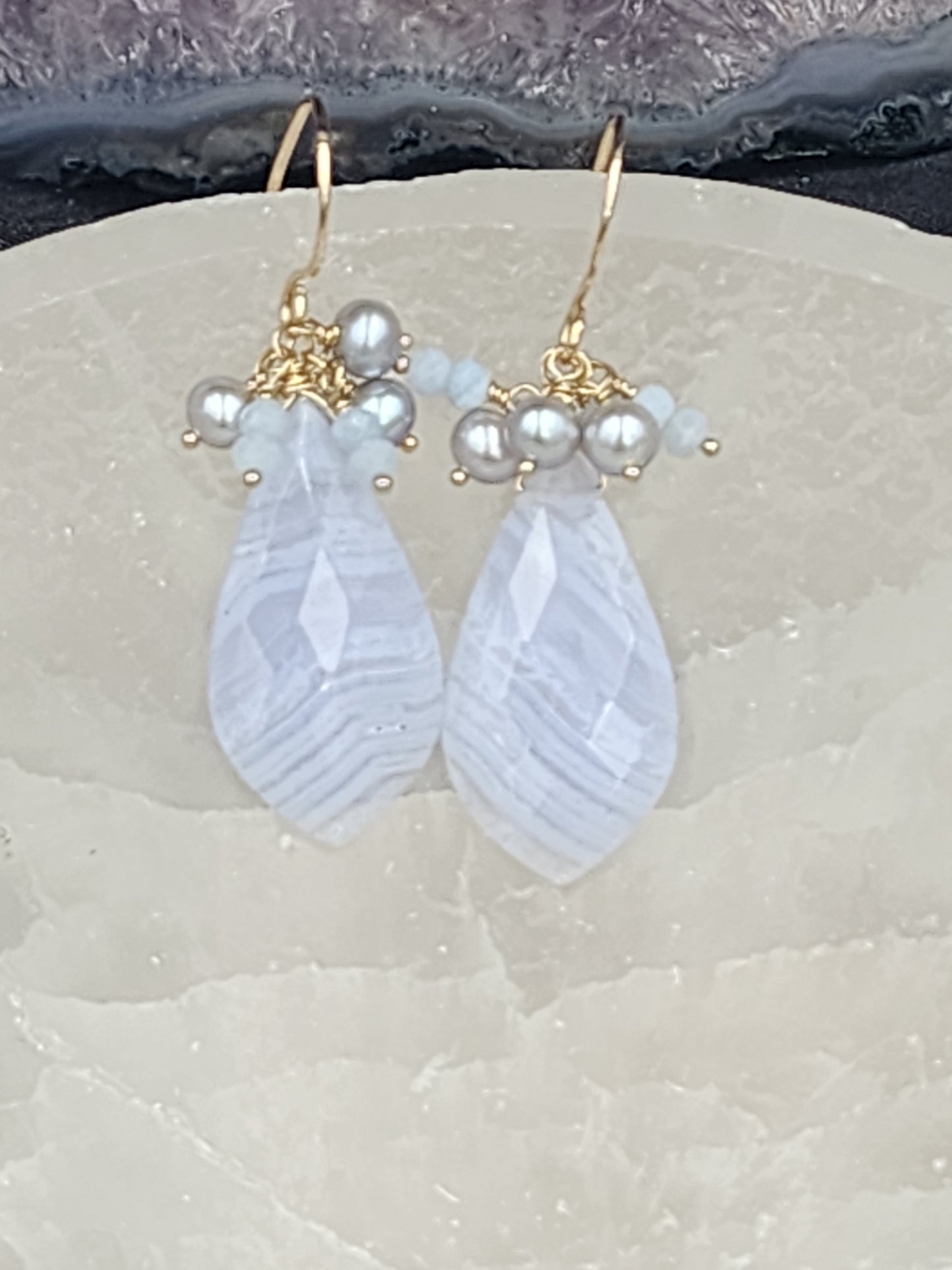 14k Gold-Filled Blue Lace Agate,  Silver Cultured Pearl & Blue Opal Gemstone Earrings