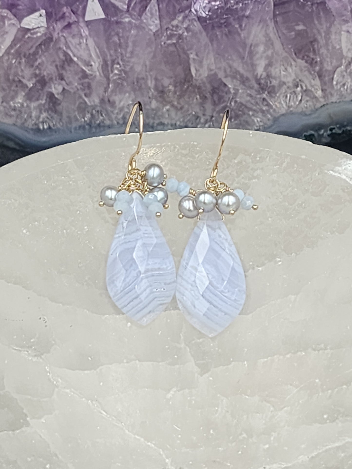 14k Gold-Filled Blue Lace Agate,  Silver Cultured Pearl & Blue Opal Gemstone Earrings