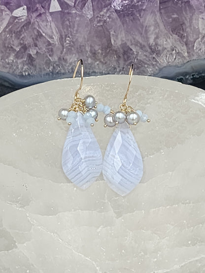 14k Gold-Filled Blue Lace Agate,  Silver Cultured Pearl & Blue Opal Gemstone Earrings