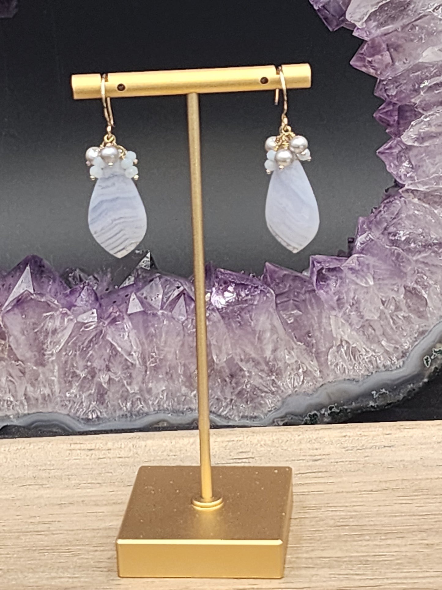 14k Gold-Filled Blue Lace Agate,  Silver Cultured Pearl & Blue Opal Gemstone Earrings