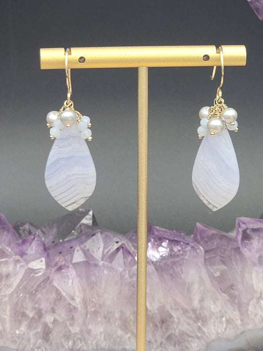 14k Gold-Filled Blue Lace Agate,  Silver Cultured Pearl & Blue Opal Gemstone Earrings