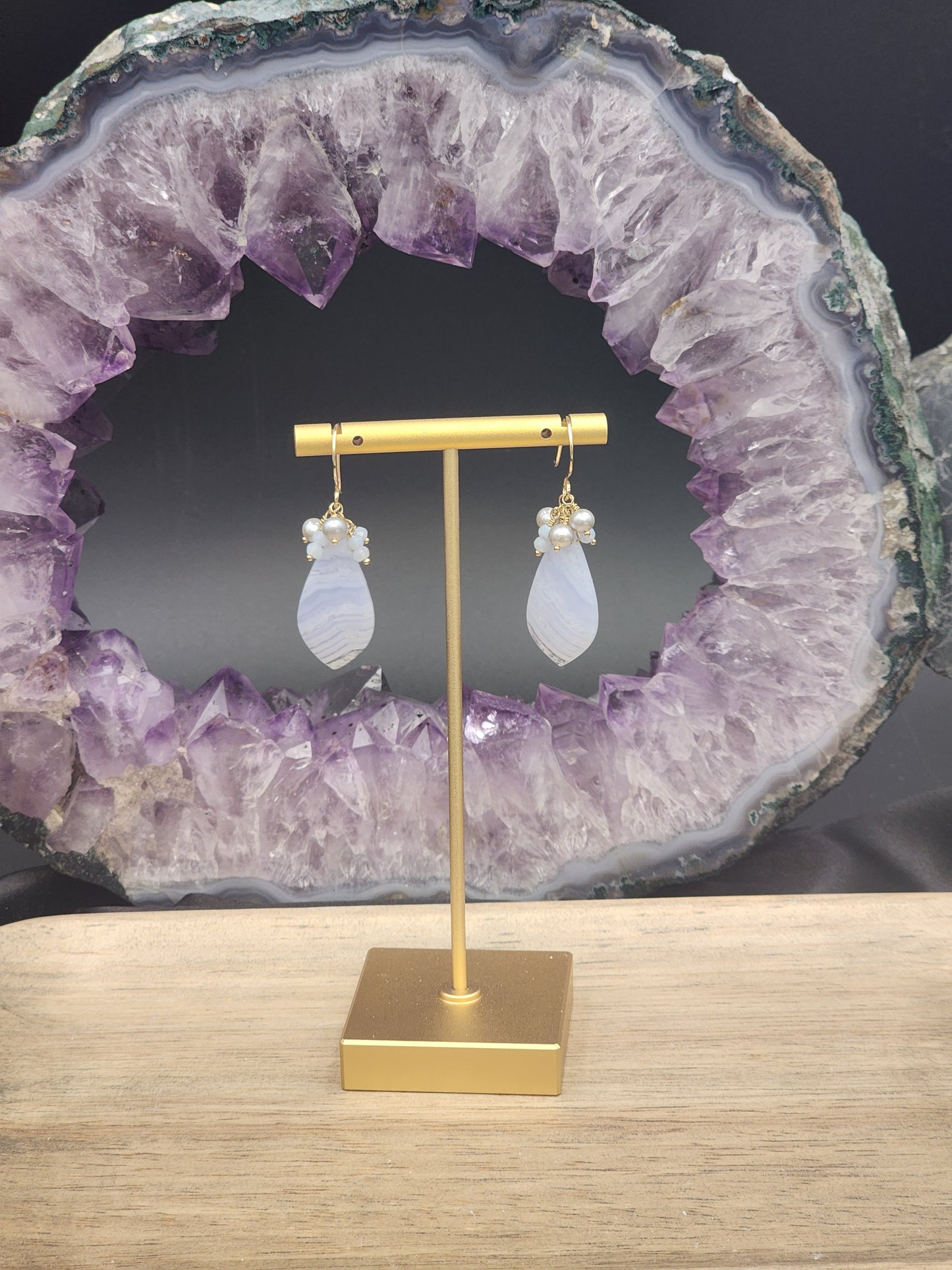 14k Gold-Filled Blue Lace Agate,  Silver Cultured Pearl & Blue Opal Gemstone Earrings