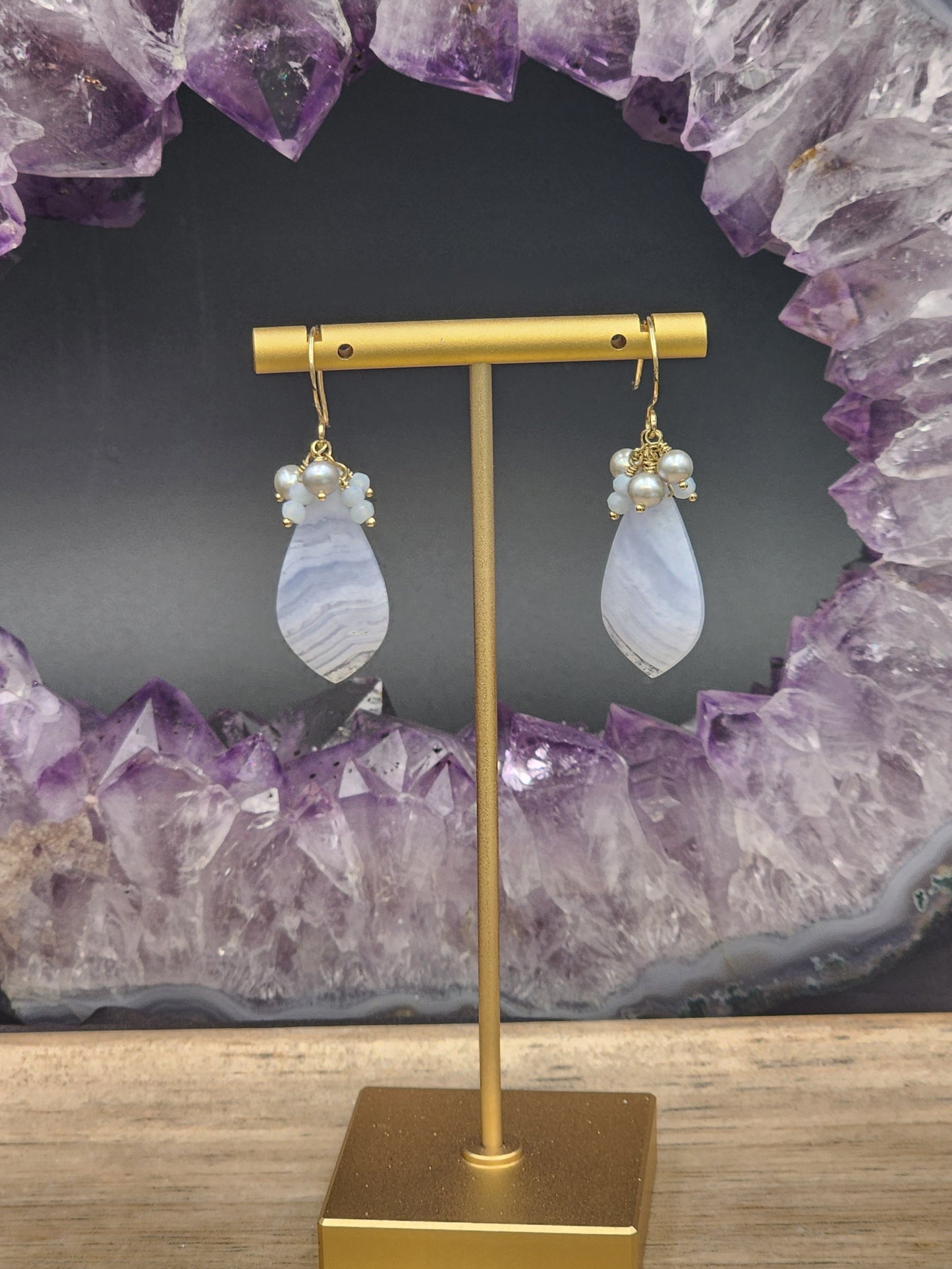 14k Gold-Filled Blue Lace Agate,  Silver Cultured Pearl & Blue Opal Gemstone Earrings