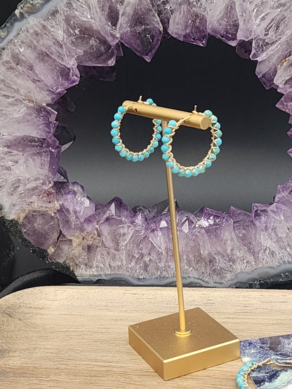 14k Gold-Filled Arizona Turquoise Gemstone Hoop Earrings,  3 Sizes available 30mm, 40mm or 50mm