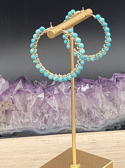 14k Gold-Filled Arizona Turquoise Gemstone Hoop Earrings,  3 Sizes available 30mm, 40mm or 50mm