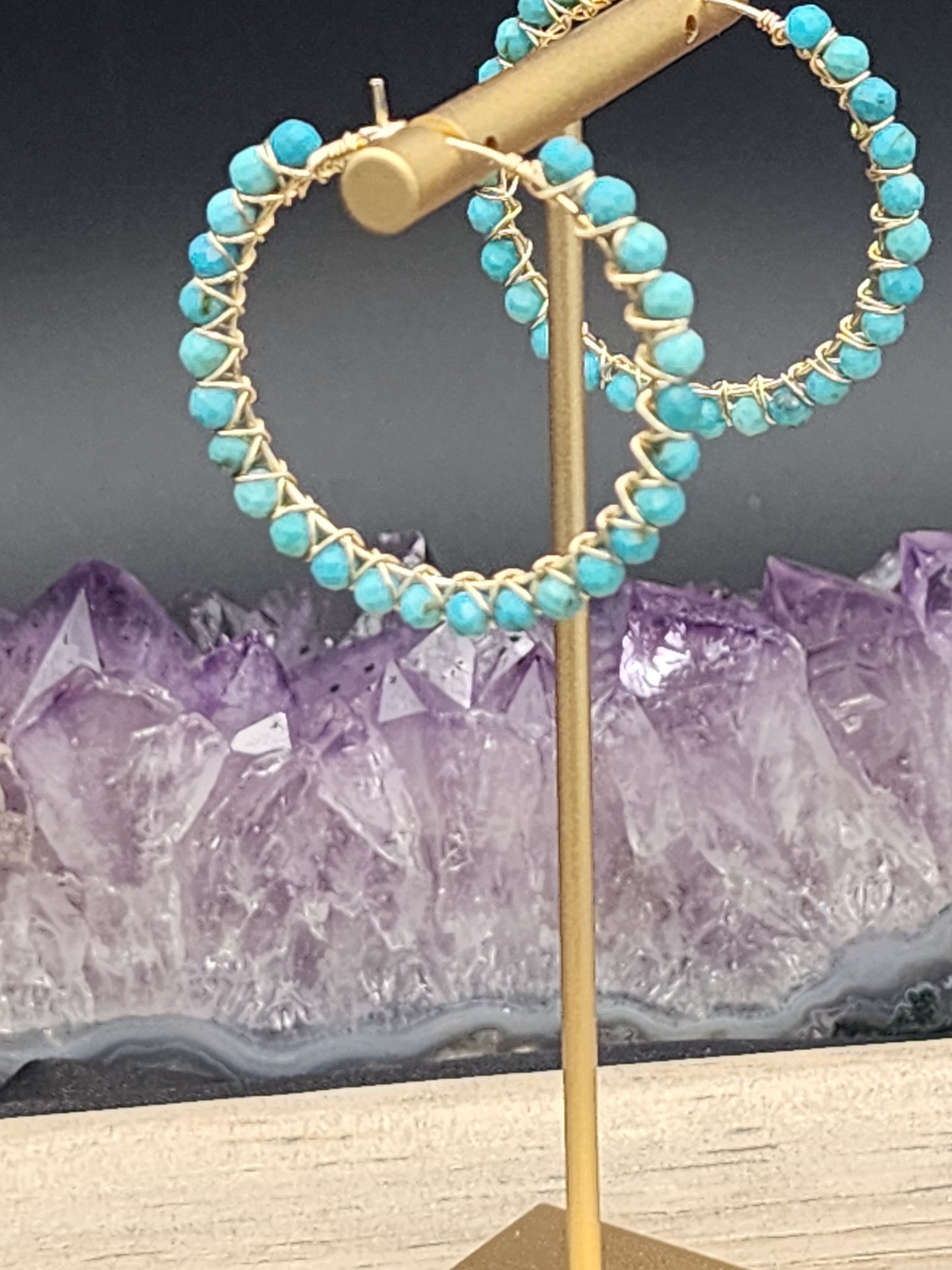 14k Gold-Filled Arizona Turquoise Gemstone Hoop Earrings,  3 Sizes available 30mm, 40mm or 50mm