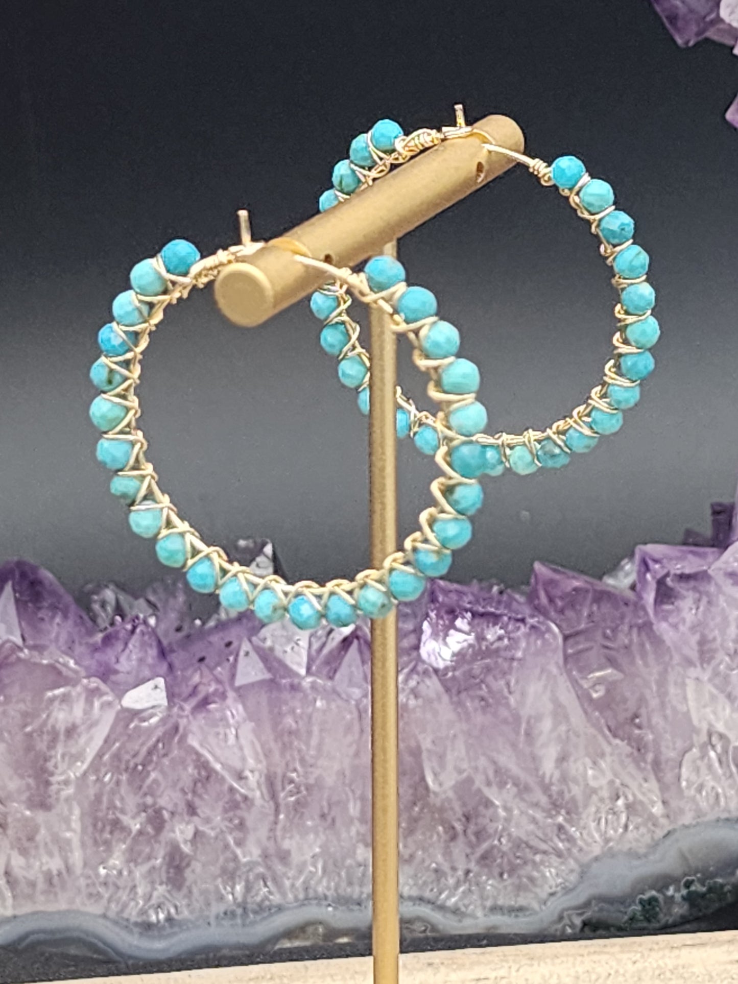 14k Gold-Filled Arizona Turquoise Gemstone Hoop Earrings,  3 Sizes available 30mm, 40mm or 50mm