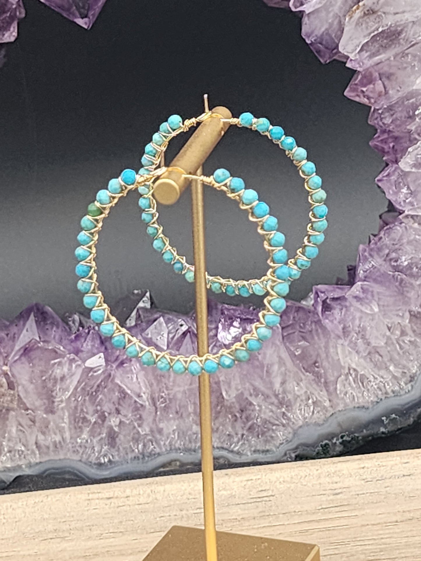 14k Gold-Filled Arizona Turquoise Gemstone Hoop Earrings,  3 Sizes available 30mm, 40mm or 50mm