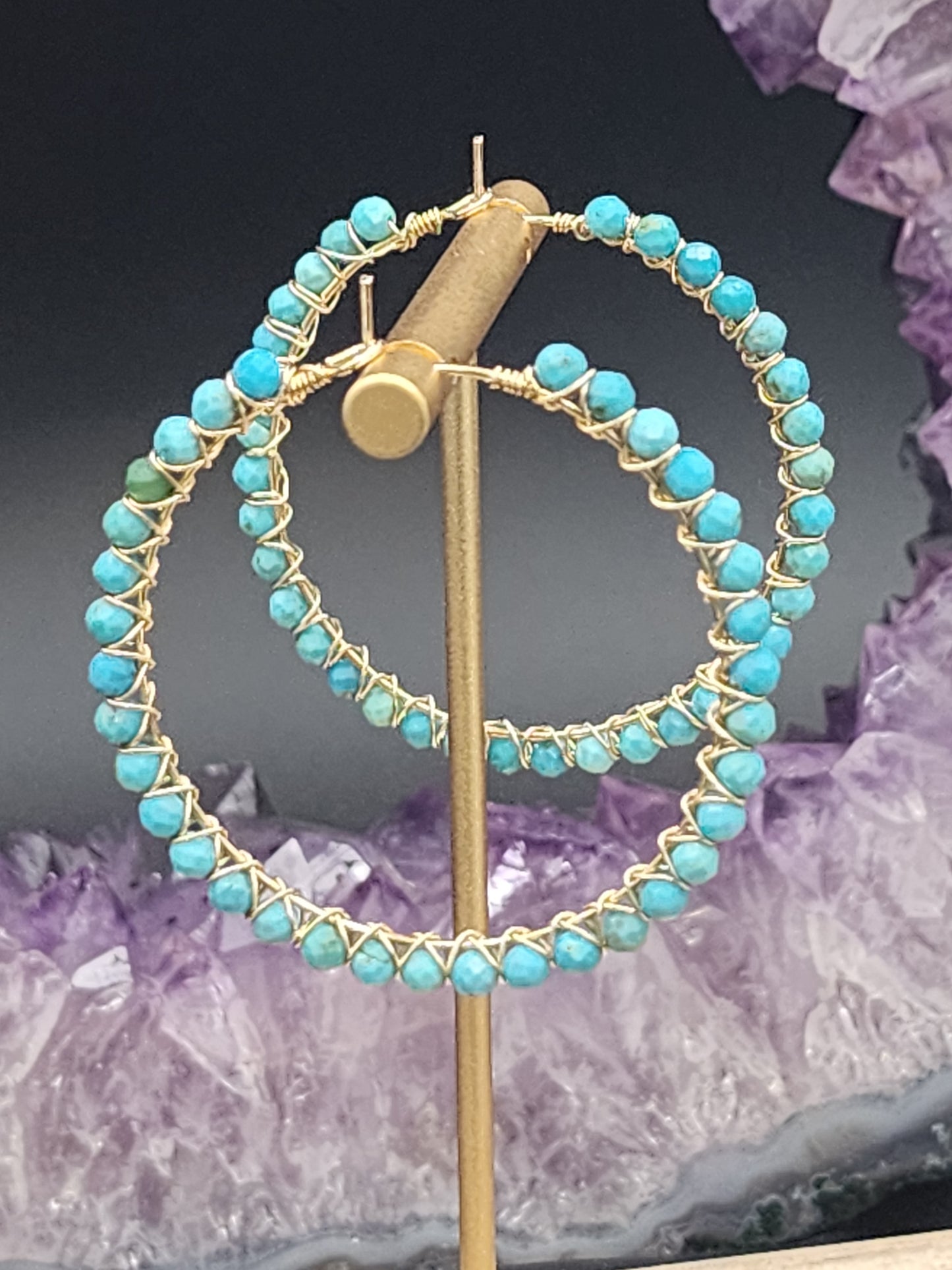 14k Gold-Filled Arizona Turquoise Gemstone Hoop Earrings,  3 Sizes available 30mm, 40mm or 50mm