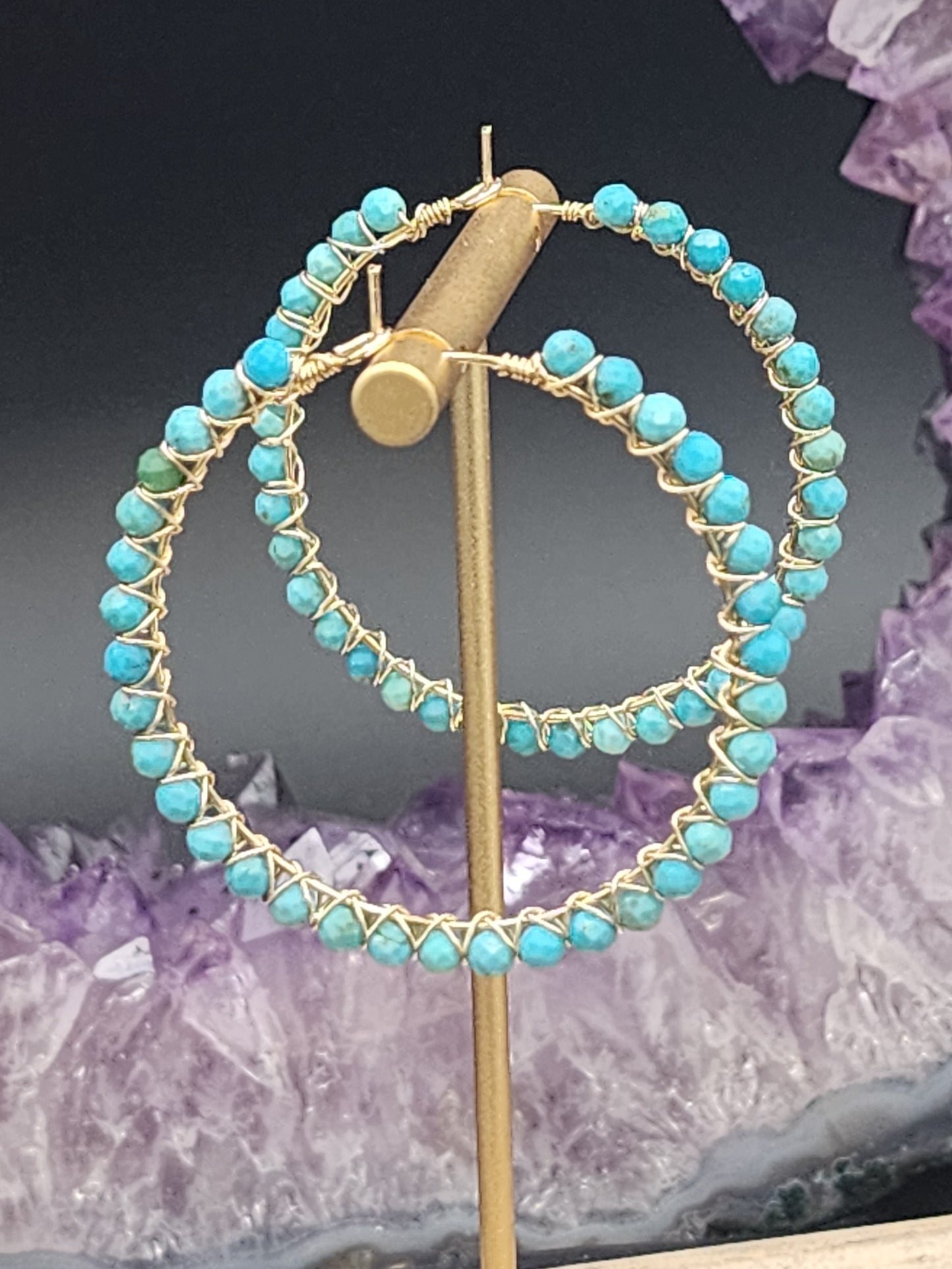 14k Gold-Filled Arizona Turquoise Gemstone Hoop Earrings,  3 Sizes available 30mm, 40mm or 50mm