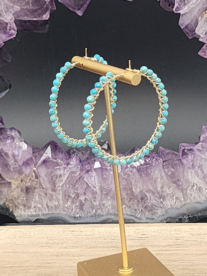 14k Gold-Filled Arizona Turquoise Gemstone Hoop Earrings,  3 Sizes available 30mm, 40mm or 50mm