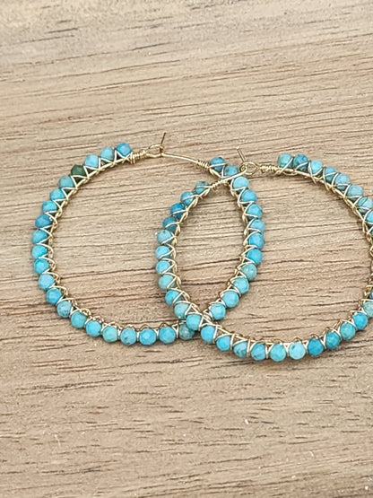 14k Gold-Filled Arizona Turquoise Gemstone Hoop Earrings,  3 Sizes available 30mm, 40mm or 50mm