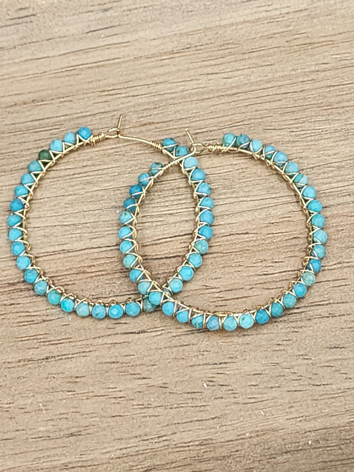 14k Gold-Filled Arizona Turquoise Gemstone Hoop Earrings,  3 Sizes available 30mm, 40mm or 50mm