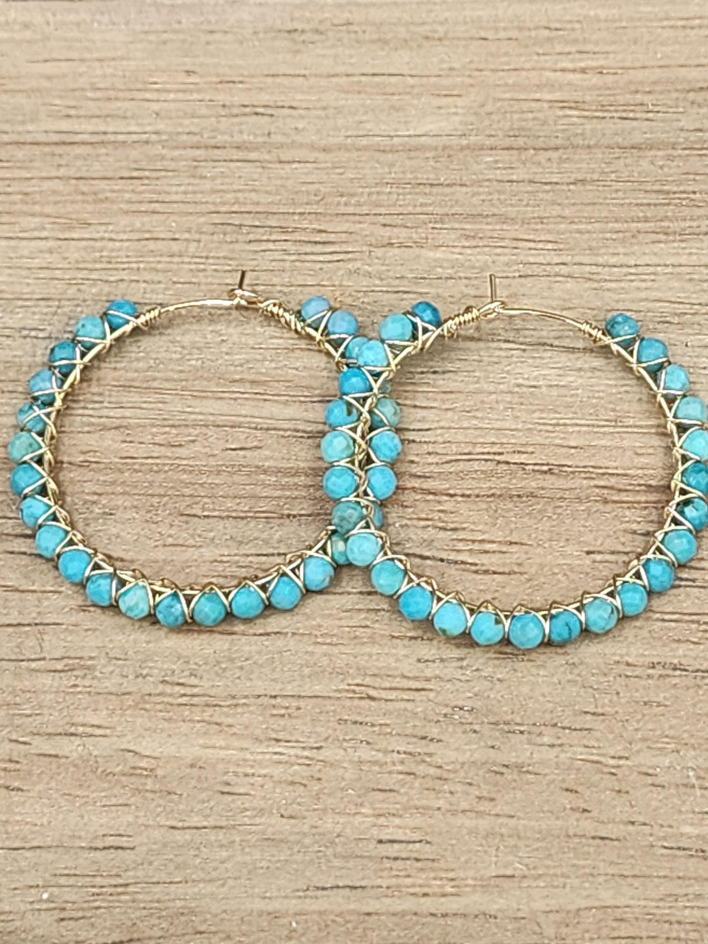 14k Gold-Filled Arizona Turquoise Gemstone Hoop Earrings,  3 Sizes available 30mm, 40mm or 50mm