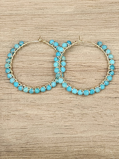 14k Gold-Filled Arizona Turquoise Gemstone Hoop Earrings,  3 Sizes available 30mm, 40mm or 50mm