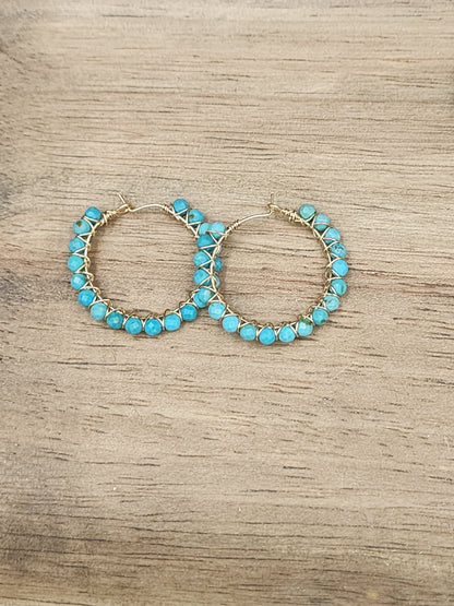 14k Gold-Filled Arizona Turquoise Gemstone Hoop Earrings,  3 Sizes available 30mm, 40mm or 50mm