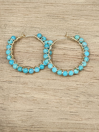 14k Gold-Filled Arizona Turquoise Gemstone Hoop Earrings,  3 Sizes available 30mm, 40mm or 50mm