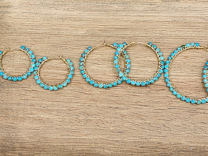 14k Gold-Filled Arizona Turquoise Gemstone Hoop Earrings,  3 Sizes available 30mm, 40mm or 50mm