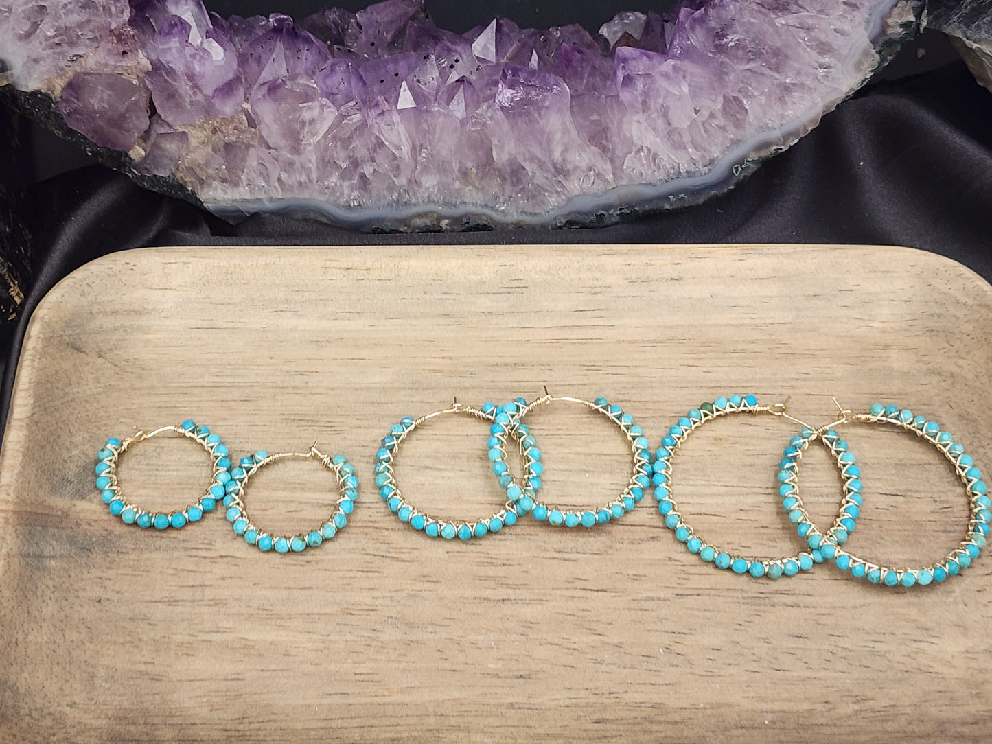 14k Gold-Filled Arizona Turquoise Gemstone Hoop Earrings,  3 Sizes available 30mm, 40mm or 50mm