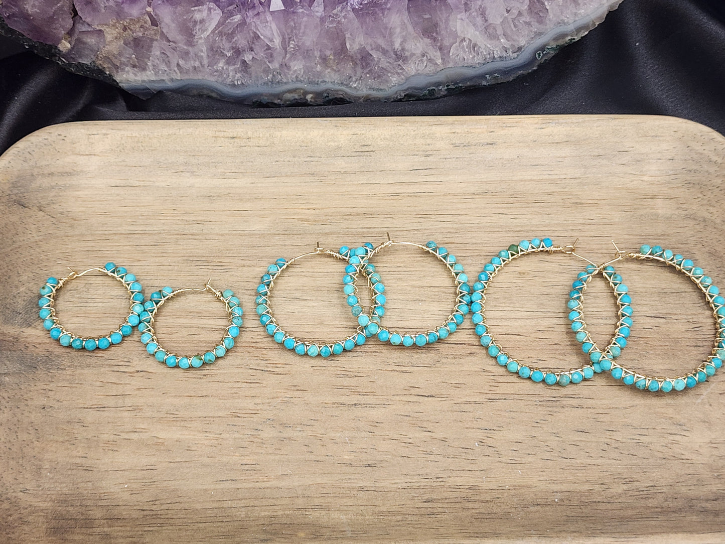 14k Gold-Filled Arizona Turquoise Gemstone Hoop Earrings,  3 Sizes available 30mm, 40mm or 50mm