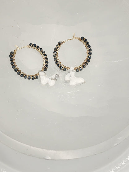 14k Gold-Filled Howlite Butterfly & Mystic Black Spinel Gemstone Hoop Earrings