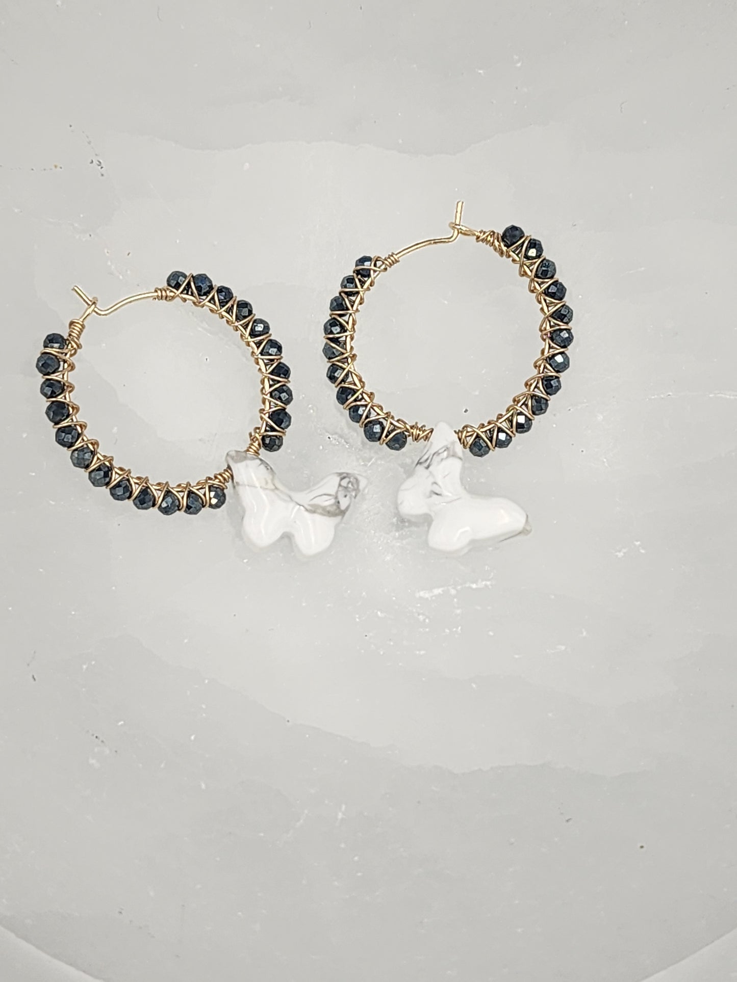 14k Gold-Filled Howlite Butterfly & Mystic Black Spinel Gemstone Hoop Earrings