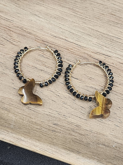 14k Gold-Filled Tiger Eye Butterfly & Black Spinel Gemstone Hoop Earrings