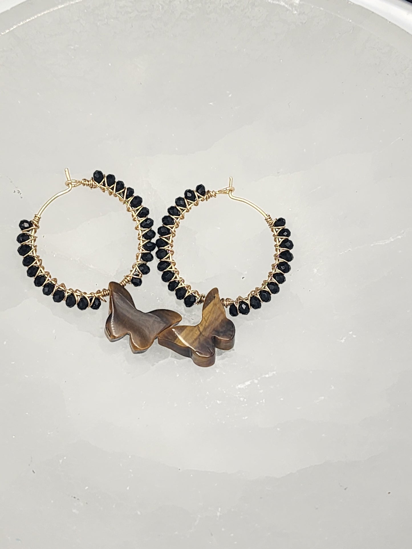 14k Gold-Filled Tiger Eye Butterfly & Black Spinel Gemstone Hoop Earrings