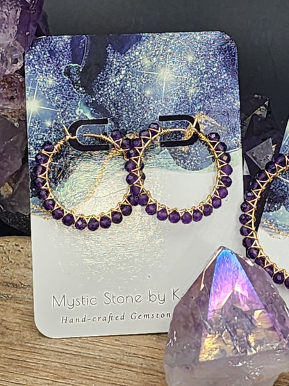 14k Gold-Filled Deep Purple Amethyst Gemstone Hoop Earrings, two sizes 30mm or 40mm diameter