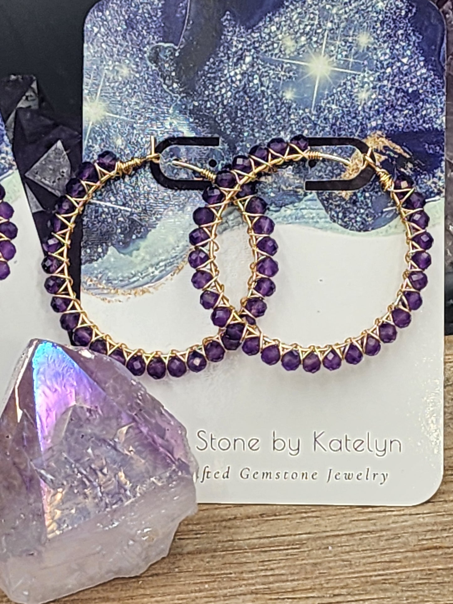 14k Gold-Filled Deep Purple Amethyst Gemstone Hoop Earrings, two sizes 30mm or 40mm diameter