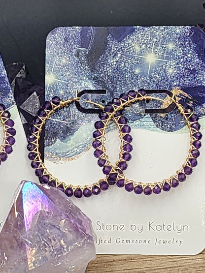 14k Gold-Filled Deep Purple Amethyst Gemstone Hoop Earrings, two sizes 30mm or 40mm diameter