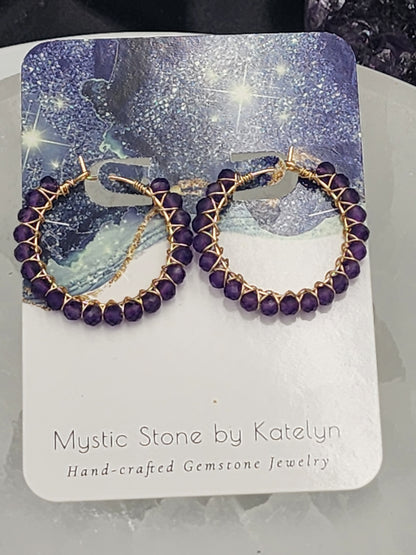 14k Gold-Filled Deep Purple Amethyst Gemstone Hoop Earrings, two sizes 30mm or 40mm diameter