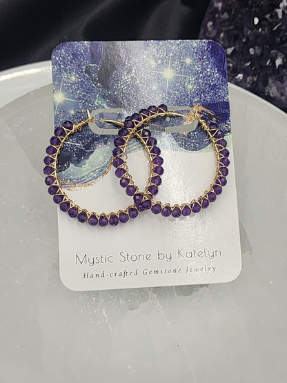 14k Gold-Filled Deep Purple Amethyst Gemstone Hoop Earrings, two sizes 30mm or 40mm diameter