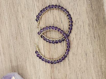 14k Gold-Filled Deep Purple Amethyst Gemstone Hoop Earrings, two sizes 30mm or 40mm diameter