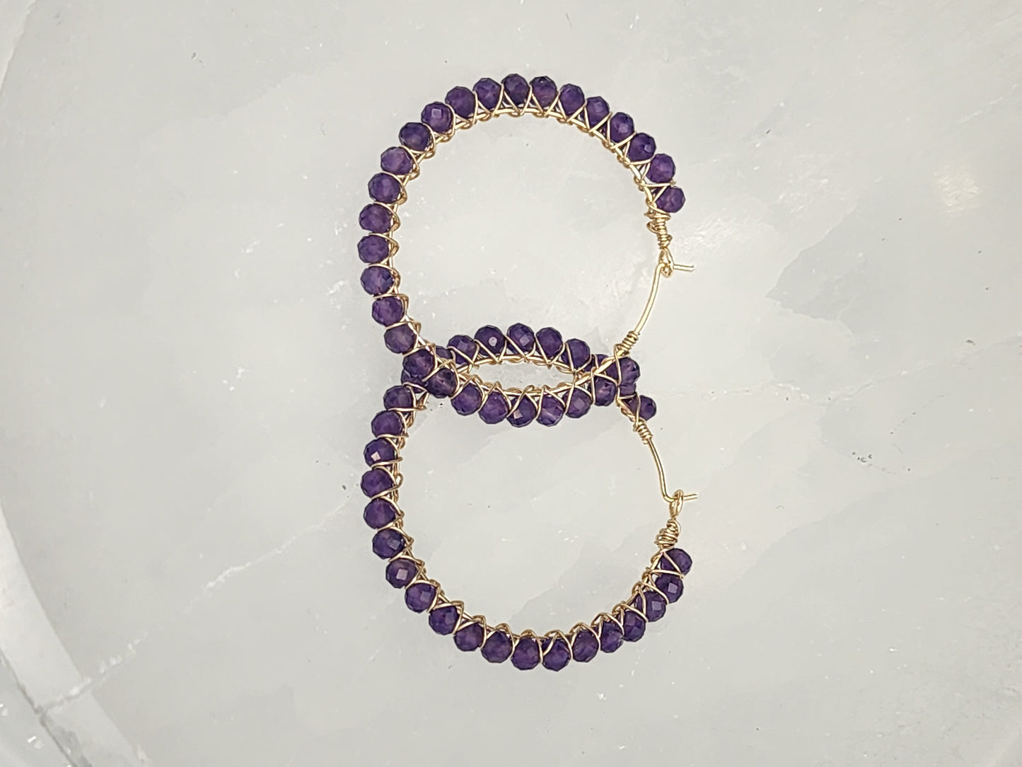 14k Gold-Filled Deep Purple Amethyst Gemstone Hoop Earrings, two sizes 30mm or 40mm diameter