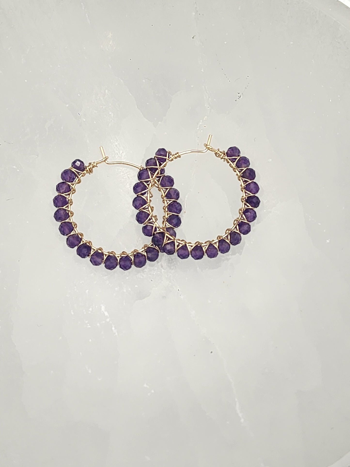 14k Gold-Filled Deep Purple Amethyst Gemstone Hoop Earrings, two sizes 30mm or 40mm diameter