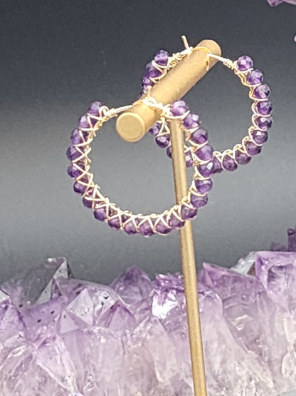 14k Gold-Filled Deep Purple Amethyst Gemstone Hoop Earrings, two sizes 30mm or 40mm diameter