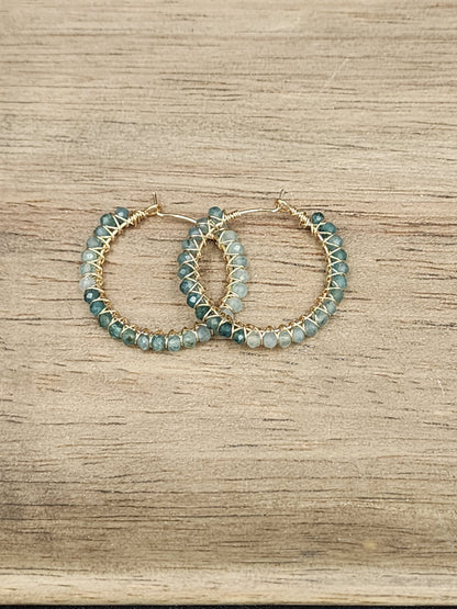 14k Gold-Filled Shaded Grandidierite Gemstone Hoop Earrings, 3 Hoop Sizes Available 30mm, 40mm or 50mm